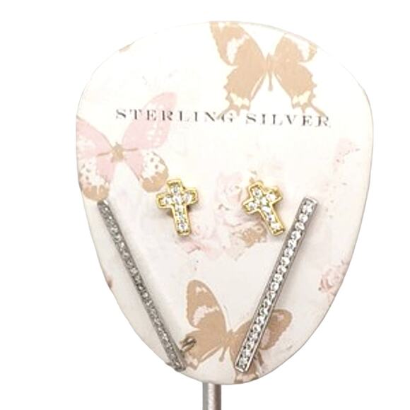 Double Pair Round Pave CZ Gold Plated .925 Cross Stud Bar Earring Pin - Picture 3 of 5